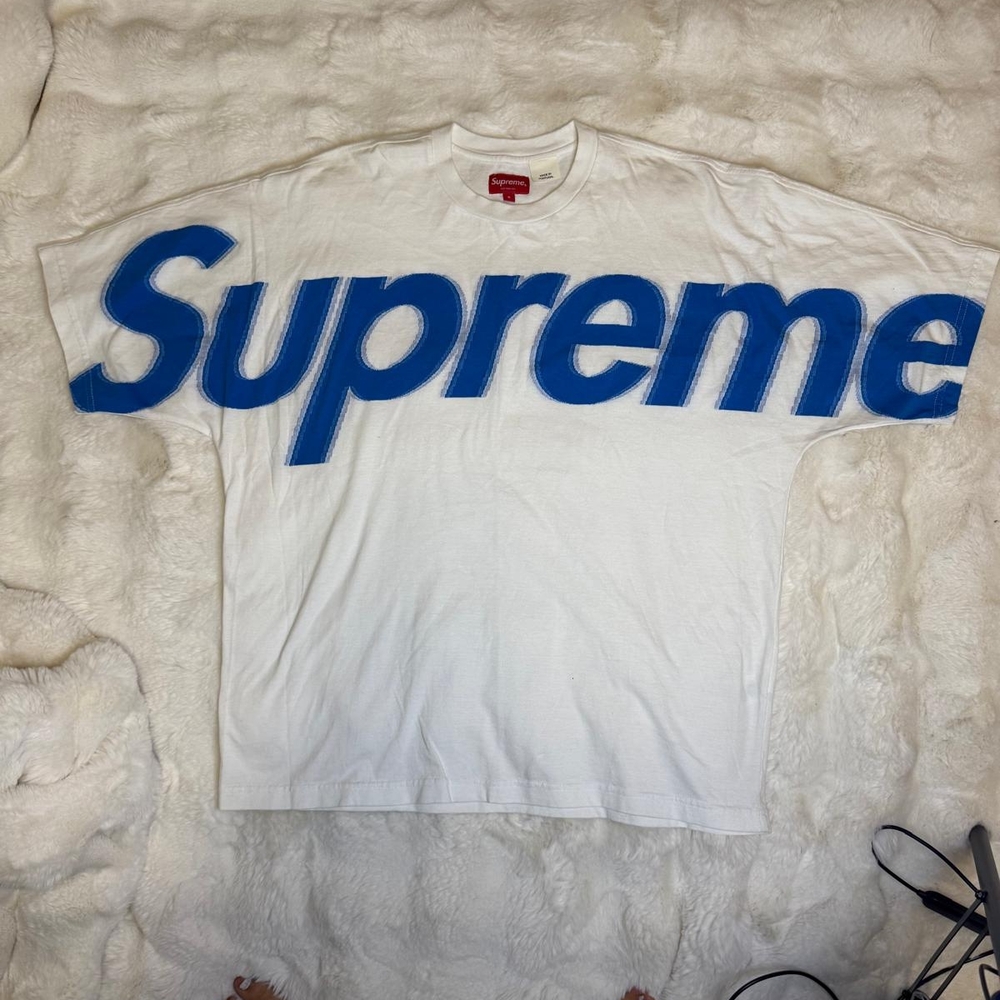 Supreme White T-Shirt with Blue Graphics
